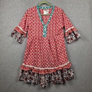 LULALIFE Dress Womens Medium Red Floral Ruffle Hem Bell Sleeve Boho Sundress